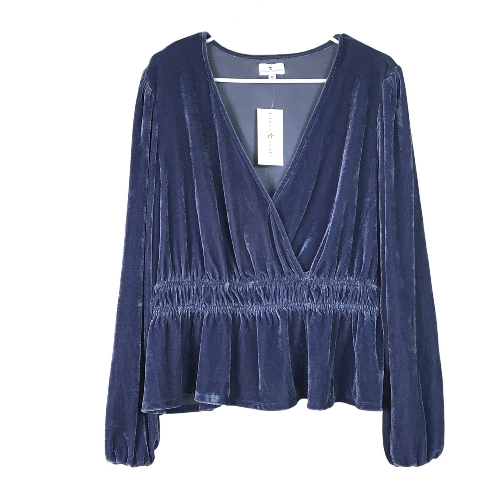 True Craft Velvet Peplum Blouse Frigid Blue NWT Wrap V-Neck Long Sleeve